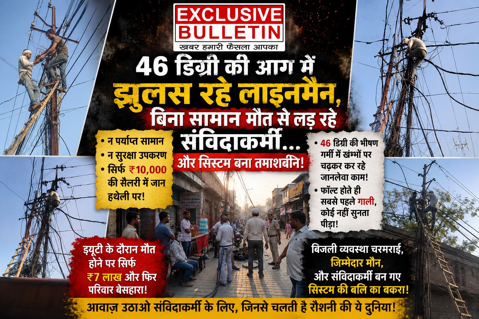 46 डिग्री की आग में झुलस रहे लाइनमैन, बिना सामान मौत से लड़ रहे संविदाकर्मी… और सिस्टम बना तमाशबीन!