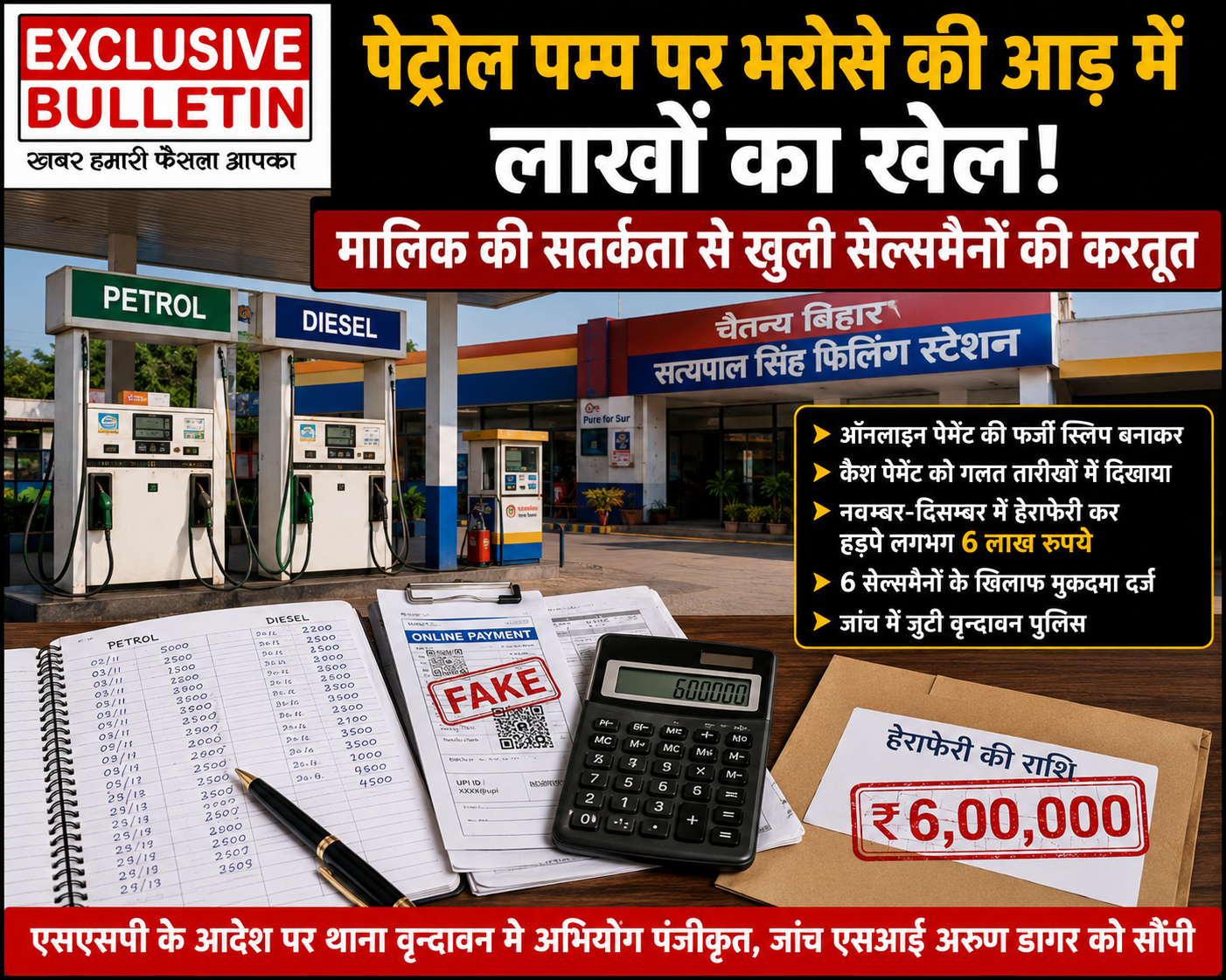 पेट्रोल पम्प पर भरोसे की आड़ में लाखों का खेल! मालिक की सतर्कता से खुली सेल्समैनों की करतूत