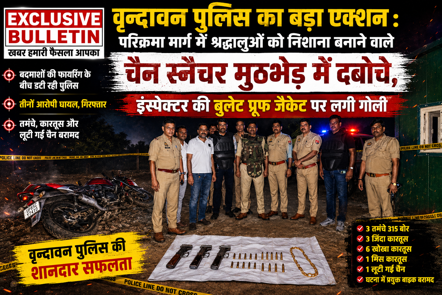 वृन्दावन पुलिस का बड़ा एक्शन : परिक्रमा मार्ग में श्रद्धालुओं को निशाना बनाने वाले चैन स्नैचर मुठभेड़ में दबोचे, इंस्पेक्टर की बुलेट प्रूफ जैकेट पर लगी गोली
