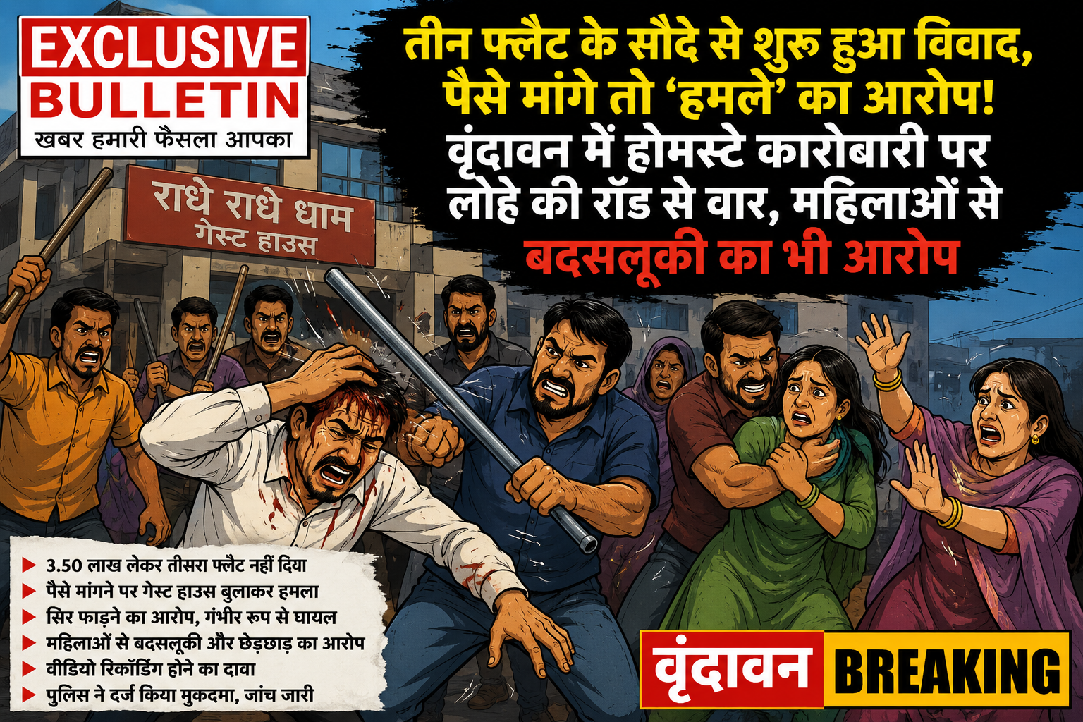 तीन फ्लैट के सौदे से शुरू हुआ विवाद, पैसे मांगे तो ‘हमले’ का आरोप! वृंदावन में होमस्टे कारोबारी पर लोहे की रॉड से वार, महिलाओं से बदसलूकी का भी आरोप