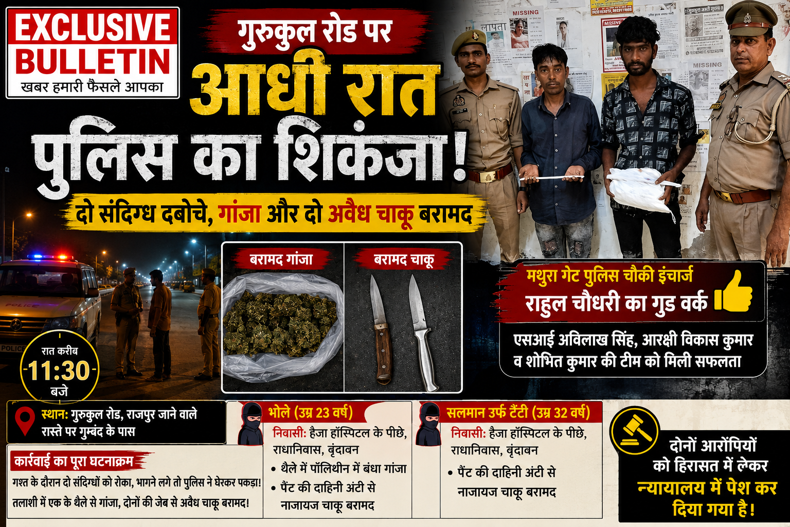 गुरुकुल रोड पर आधी रात पुलिस का शिकंजा! दो संदिग्ध दबोचे, गांजा और दो अवैध चाकू बरामद