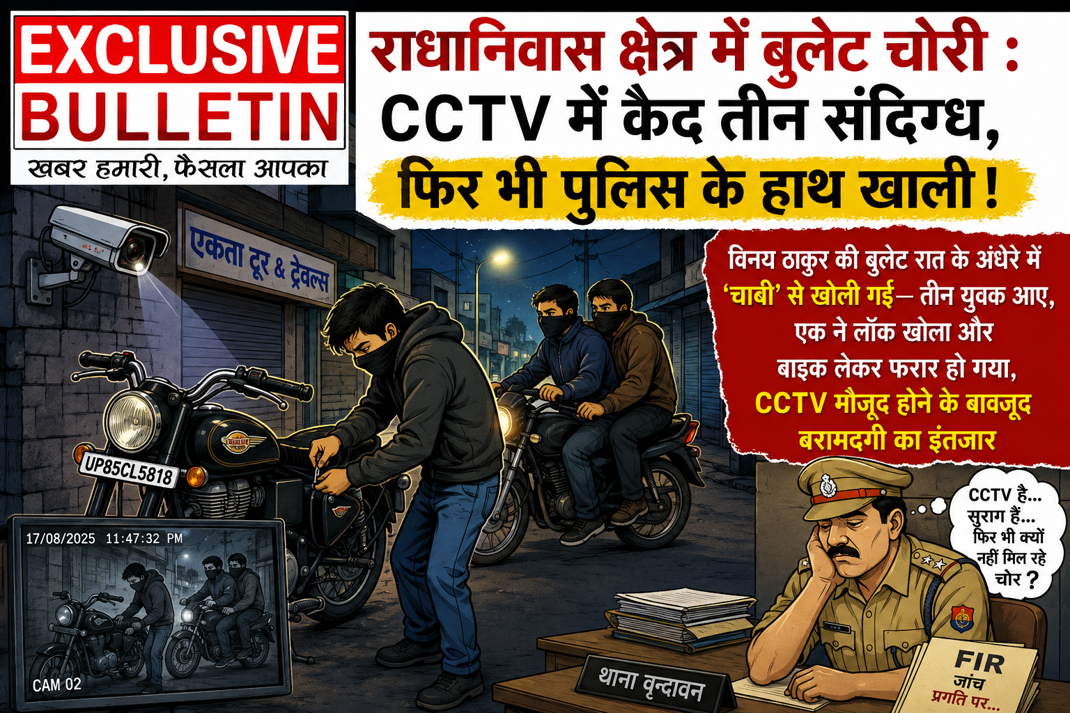 राधानिवास क्षेत्र में बुलेट चोरी : CCTV में कैद तीन संदिग्ध, फिर भी पुलिस के हाथ खाली!