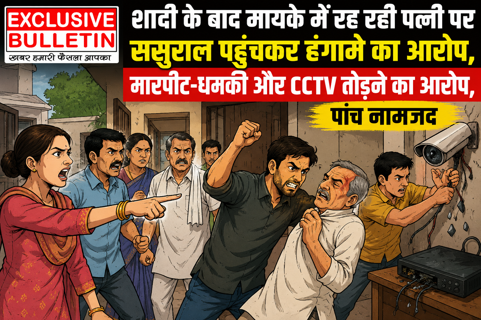 शादी के बाद मायके में रह रही पत्नी पर ससुराल पहुंचकर हंगामे का आरोप, मारपीट-धमकी और CCTV तोड़ने का प्रयास, पांच नामजद