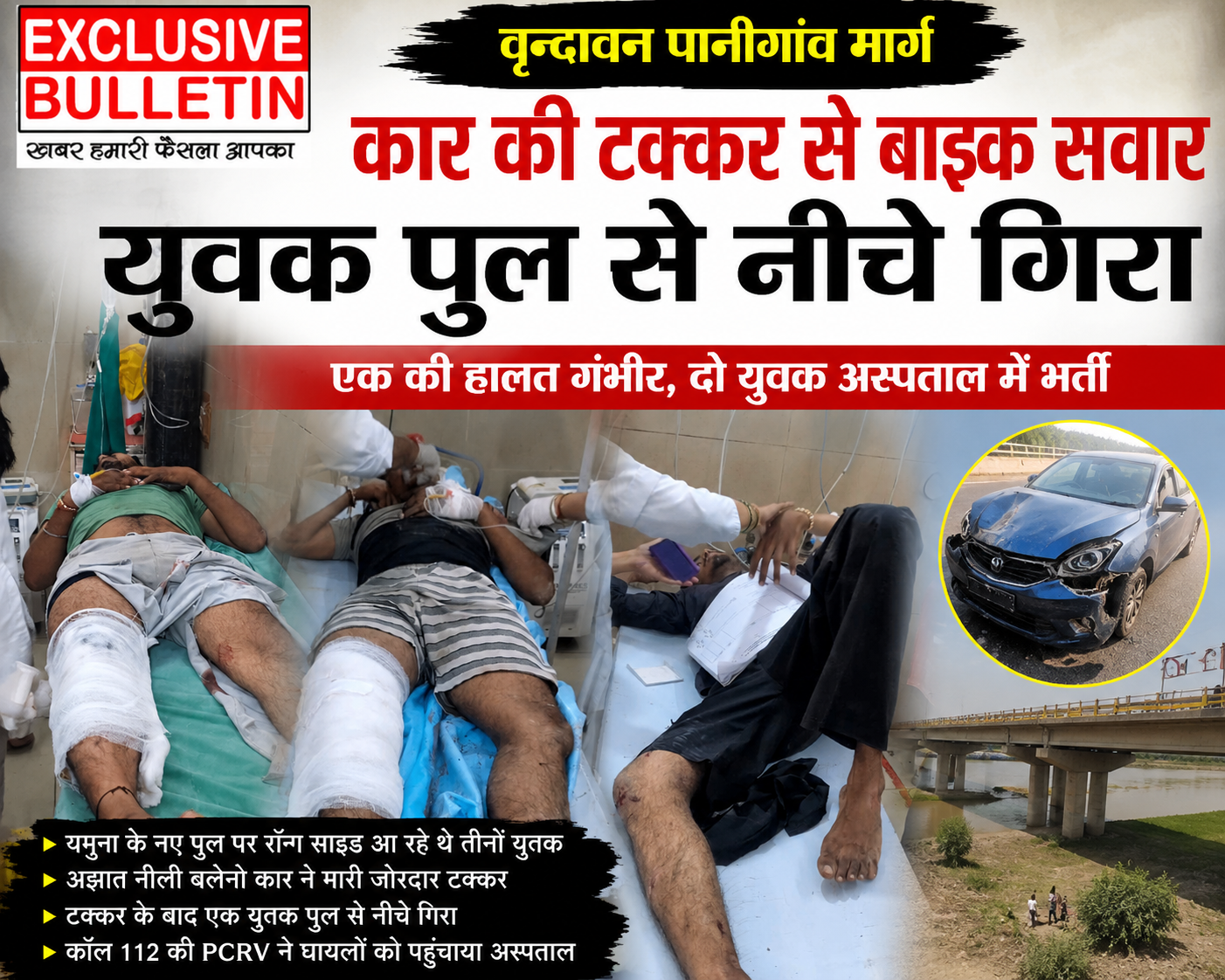 यमुना पुल पर कार की टक्कर से बाइक सवार युवक पुल से नीचे गिरा, हालत गंभीर